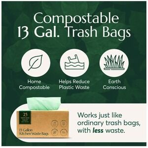 Cleanomic Compostable* Trash Bags (13 Gallon, 25 Units, Tall), B Extra Strength
